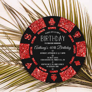 Red Glitter Poker Chip Casino Birthday Party Invitation