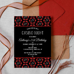 Red Glitter Poker Chip Casino Night Party Invitation