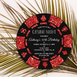 Red Glitter Poker Chip Casino Night Party Invitation