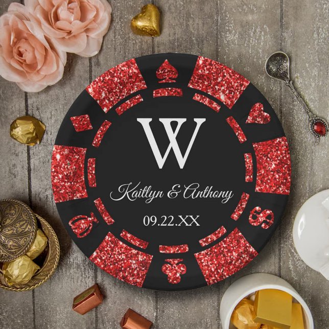 Red Glitter Poker Chip Casino Wedding Party Paper Plate (Creator Uploaded)