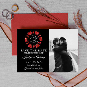 Red Glitter Poker Chip Casino Wedding Photo Save The Date
