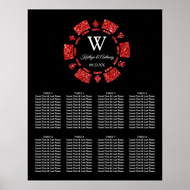 Red Glitter Poker Chip Casino Wedding Poster (Front)