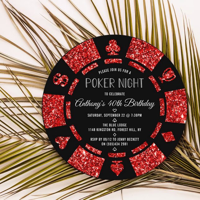 Red Glitter Poker Chip Poker Night Birthday Party Invitation (Creator Uploaded)