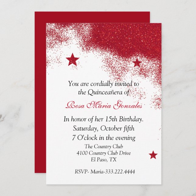 Red Glitter Quinceañera Invitation (Front/Back)