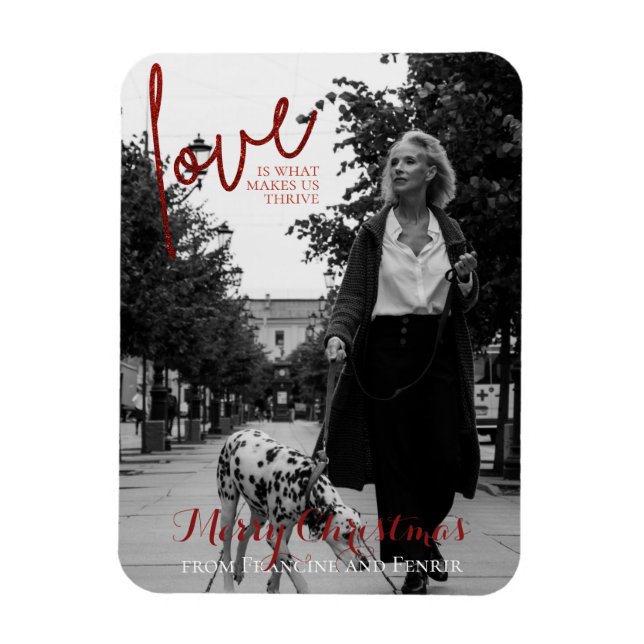 Red Glitter Script Elegant Photo Christmas Card Magnet (Vertical)