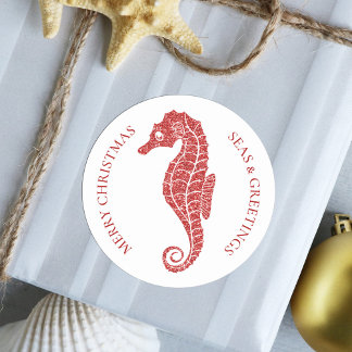 Red Glitter Seahorse Tropical Beach Christmas Classic Round Sticker