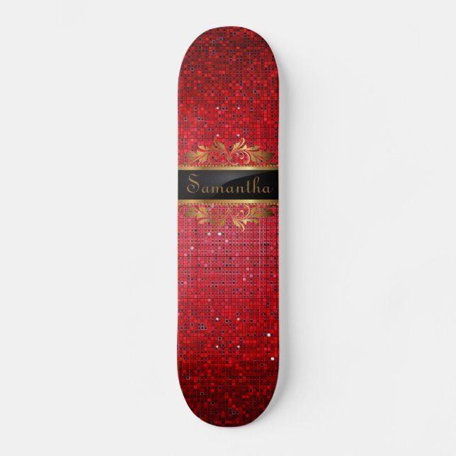 Red Glitter Sequin Disco Glitz Comp Skateboard (Front)