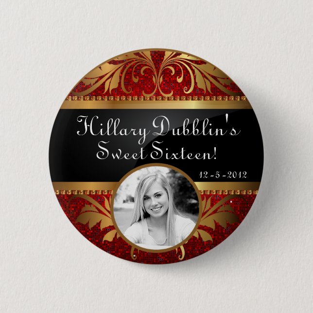 Red Glitter Sequin Disco Glitz Photo Button (Front)