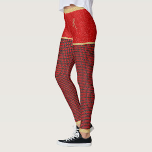 Red Glitter Shorts, Red Black Pattern, Monogram Leggings