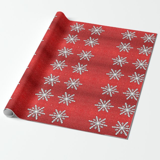 Red Glitter Snowflake Wrapping Paper (Unrolled)