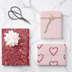 Red Glitter Sparkle Hearts Pink Blush Wrapping Paper Sheet