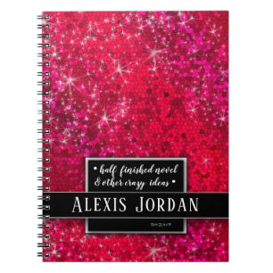 Red Glitter Sparkles Black White Monogram Glam Notebook