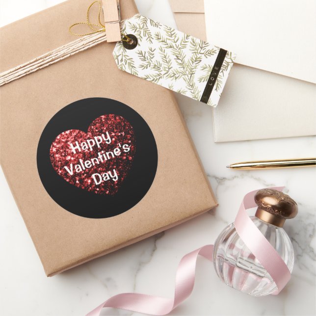 Red Glitter sparkles Heart Happy Valentine's Day Classic Round Sticker (Gifting)