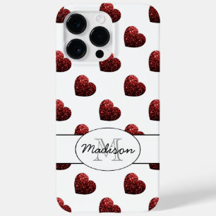 Red Glitter sparkles Hearts pattern Monogram white Case-Mate iPhone 14 Pro Max Case