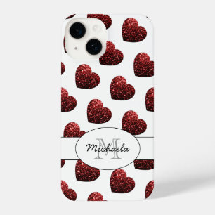 Red Glitter sparkles Hearts pattern white Monogram iPhone 14 Case