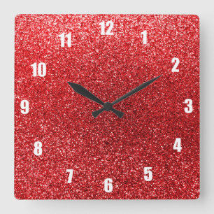 Red glitter square wall clock