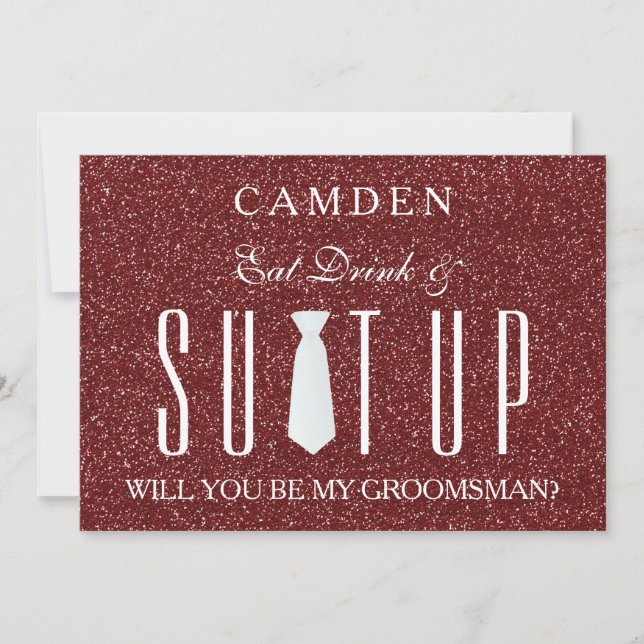 Red Glitter Suitup Will you be my groomsman Invitation (Front)