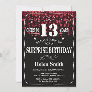 Red Glitter Surprise 13th Birthday Invitation