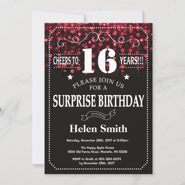 Red Glitter Surprise 16th Birthday Invitation (Front)
