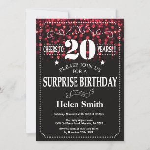 Red Glitter Surprise 20th Birthday Invitation