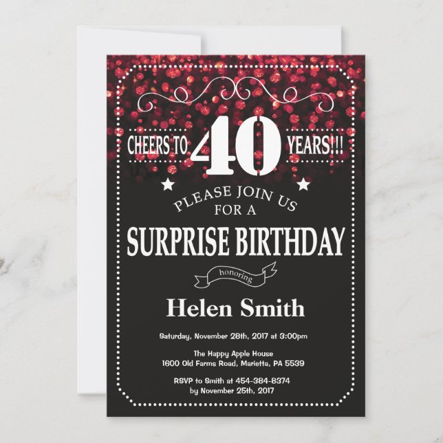 Red Glitter Surprise 40th Birthday Invitation (Front)