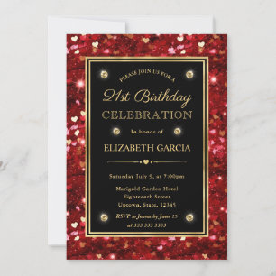 Red Glitter Valentine Hearts 21st Birthday Invitation