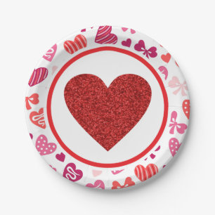 Red Glitter Valentines Heart Birthday Paper Plate