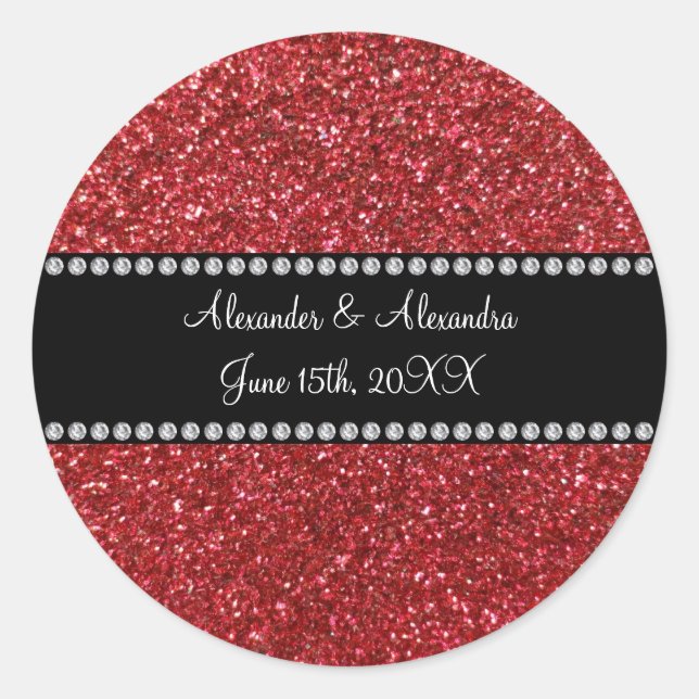 Red glitter wedding favours classic round sticker (Front)