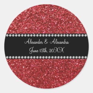 Red glitter wedding favours classic round sticker