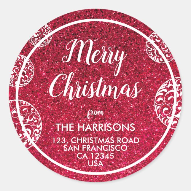 Red Glitter White Christmas Baubles Address Classic Round Sticker (Front)