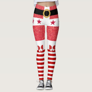 Red Glitter & White Stripes Stars Santa Christmas Leggings