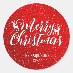 Red Glitter White Typography Reindeer Christmas Classic Round Sticker