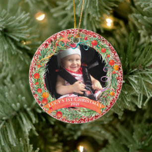 Red Glitter Wreath First Christmas Ornament