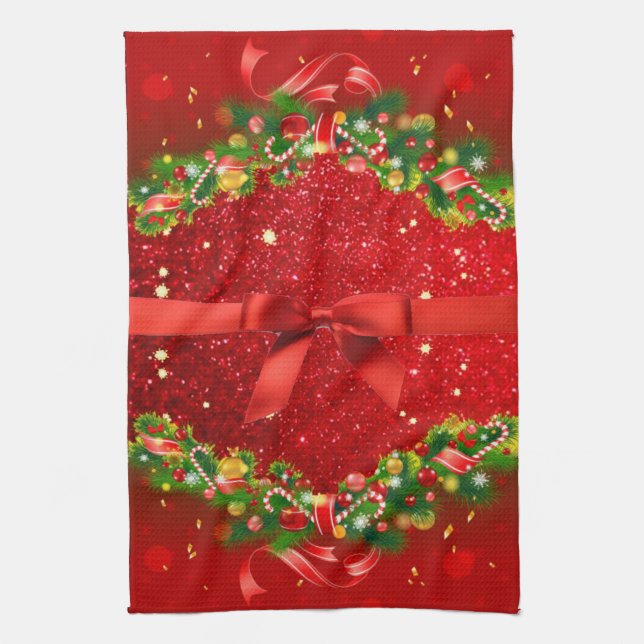 Red Glitters with Bow and Christmas Ornaments Tea Towel (Vertical)