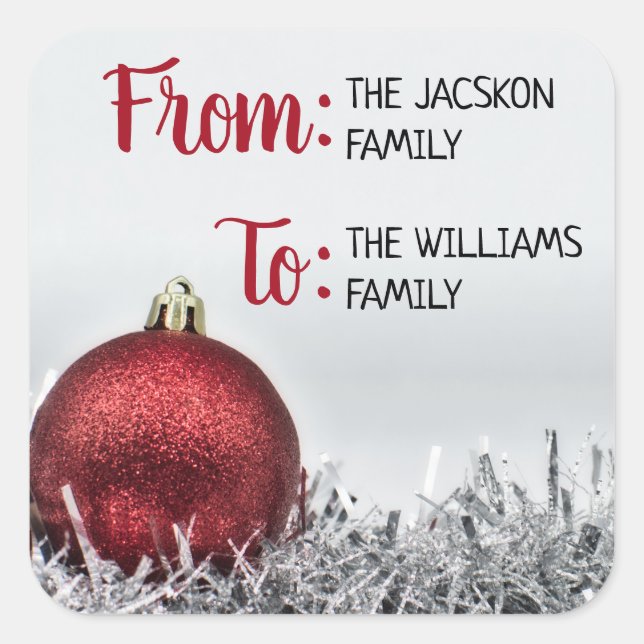 Red glittery Christmas ball with silver garland Square Sticker (Front)