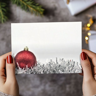 Red glittery Christmas ornament & silver tinsel Postcard