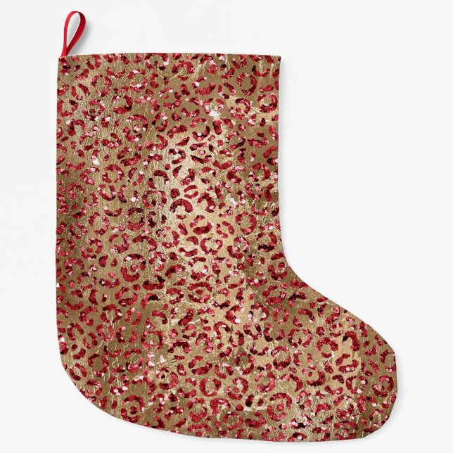 Red Glitz Gold Glam Leopard Print  Large Christmas Stocking (Front)