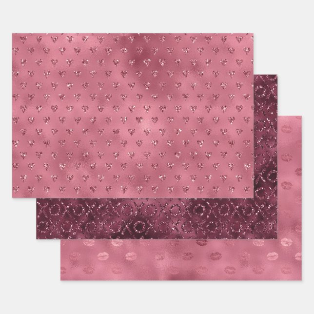 Red Glitzy Glitter Hearts Wrapping Paper Sheet (Set)