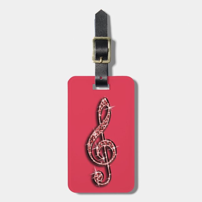 Red Glitzy Sparkly Music Notes Luggage Tag (Front Vertical)