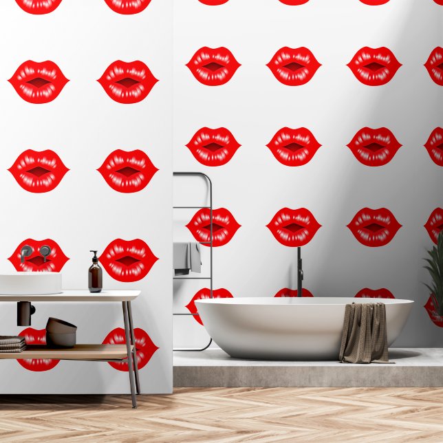 Red Glossy Lips Custom Colour White Wallpaper (Bathroom)