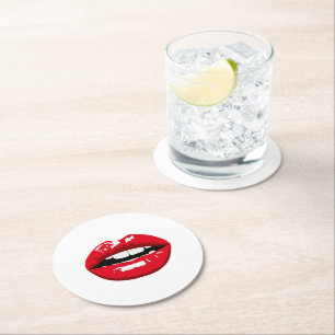 Red glossy lips on white round paper coaster
