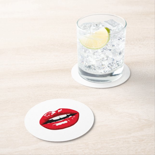 Red glossy lips on white round paper coaster (Insitu)