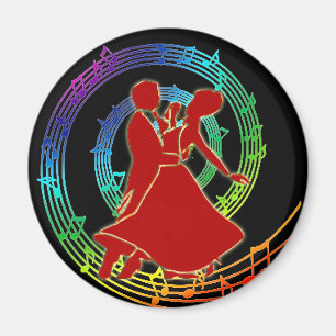 Red glowing dancing couple on colourful  music magnet