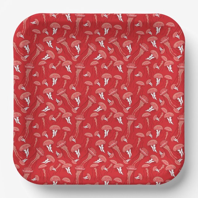red glowing jelly fish pattern paper plate (Front)