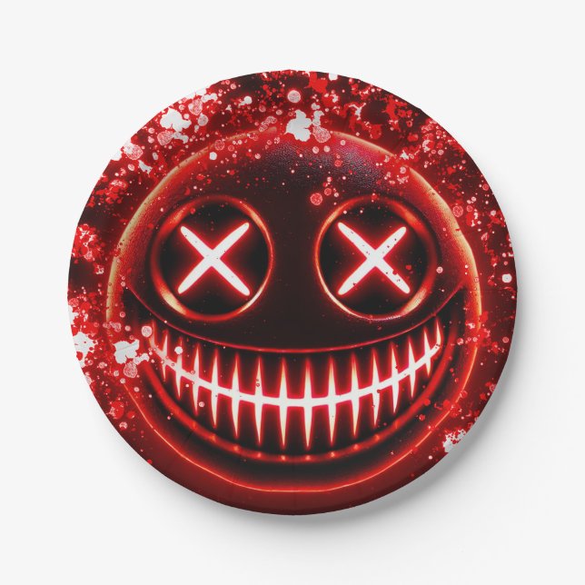 Red Glowing Smiling Face Cinders Halloween Party Paper Plate (Front)