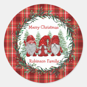Red Gnomes Christmas Holly Berry Wreath Classic Round Sticker