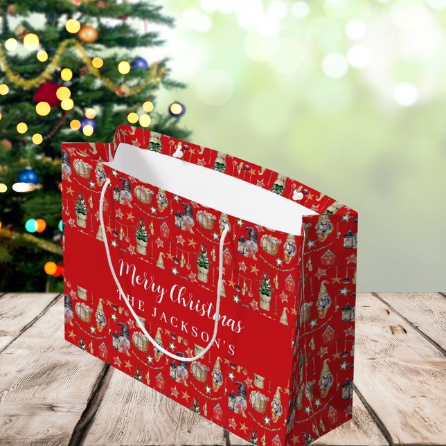 Red gnomes nordic farmhouse Christmas  Large Gift Bag (Creator Uploaded)