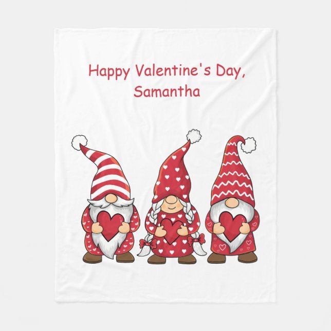 Red Gnomes with Hearts Personalised Valentine Day Fleece Blanket (Front)