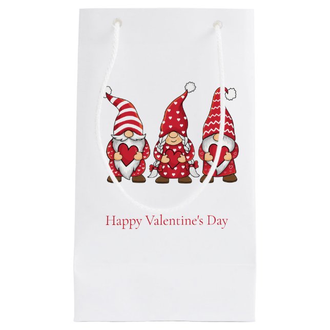 Red Gnomes with Hearts Personalised Valentine Day Small Gift Bag (Front)