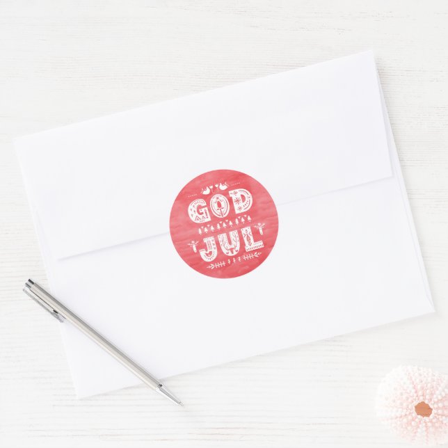 Red God Jul Swedish Christmas Scandi Style Script Classic Round Sticker (Envelope)